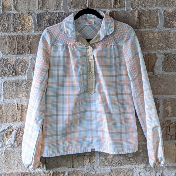 Vintage 1970s Casual Corner Button Front Blouse Neutral Plaid - Picture 1 of 7